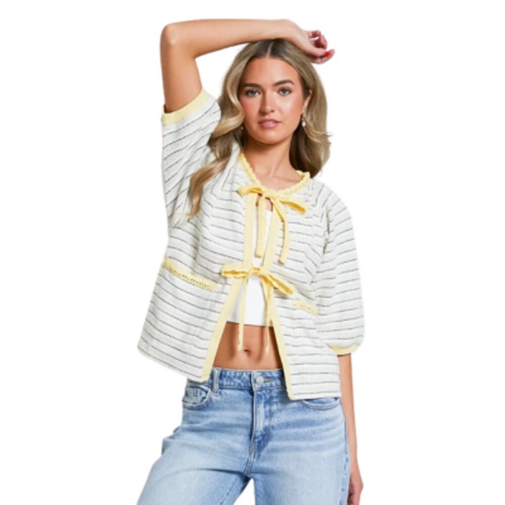 Free People Tropics Front Tie Cardigan Short Sleeve Top Ivory Combo Size Large